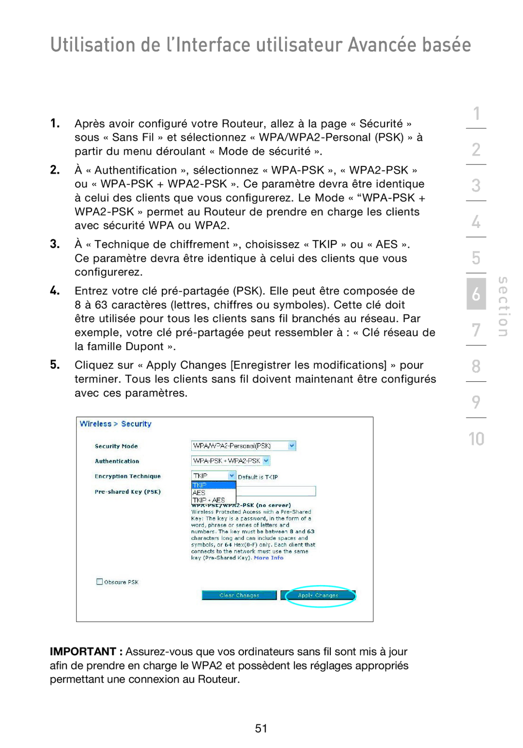 Belkin F5D9230UK4 user manual Utilisation de l’Interface utilisateur Avancée basée 