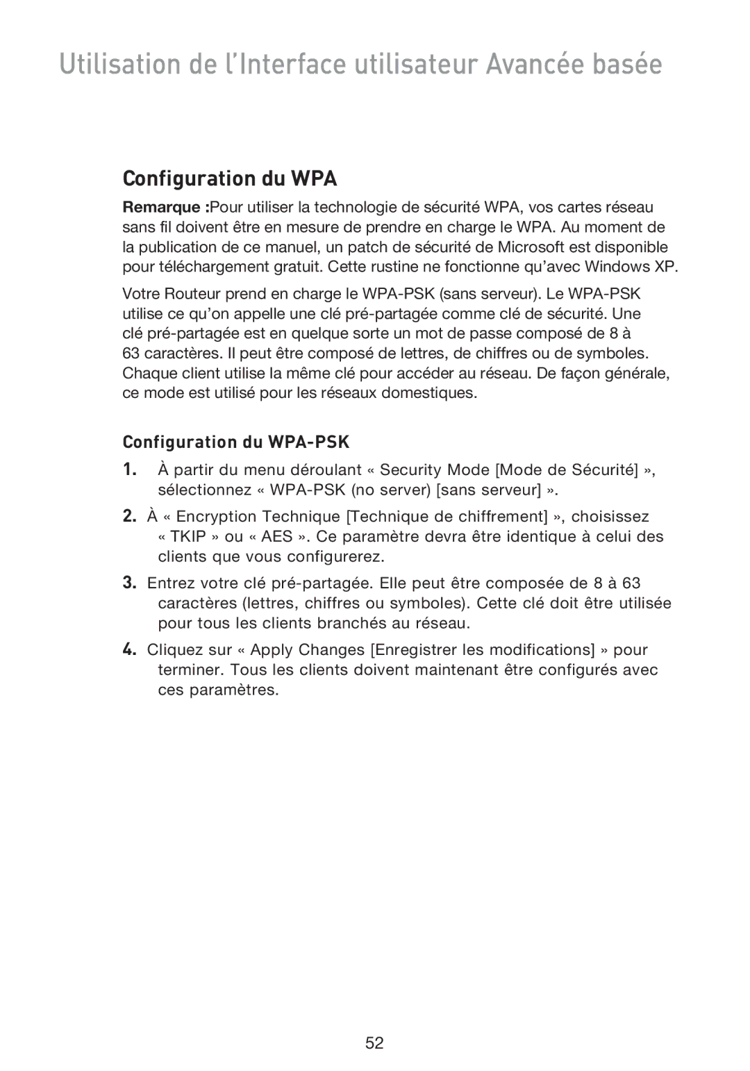 Belkin F5D9230UK4 user manual Configuration du WPA-PSK 