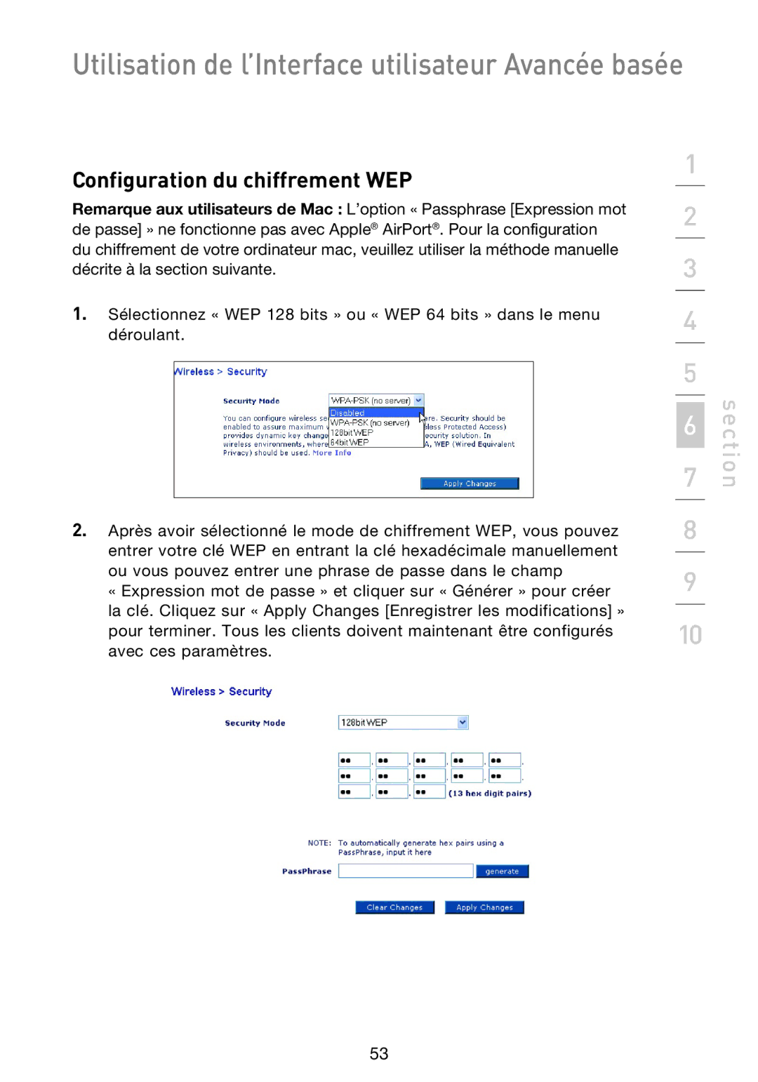 Belkin F5D9230UK4 user manual Configuration du chiffrement WEP 