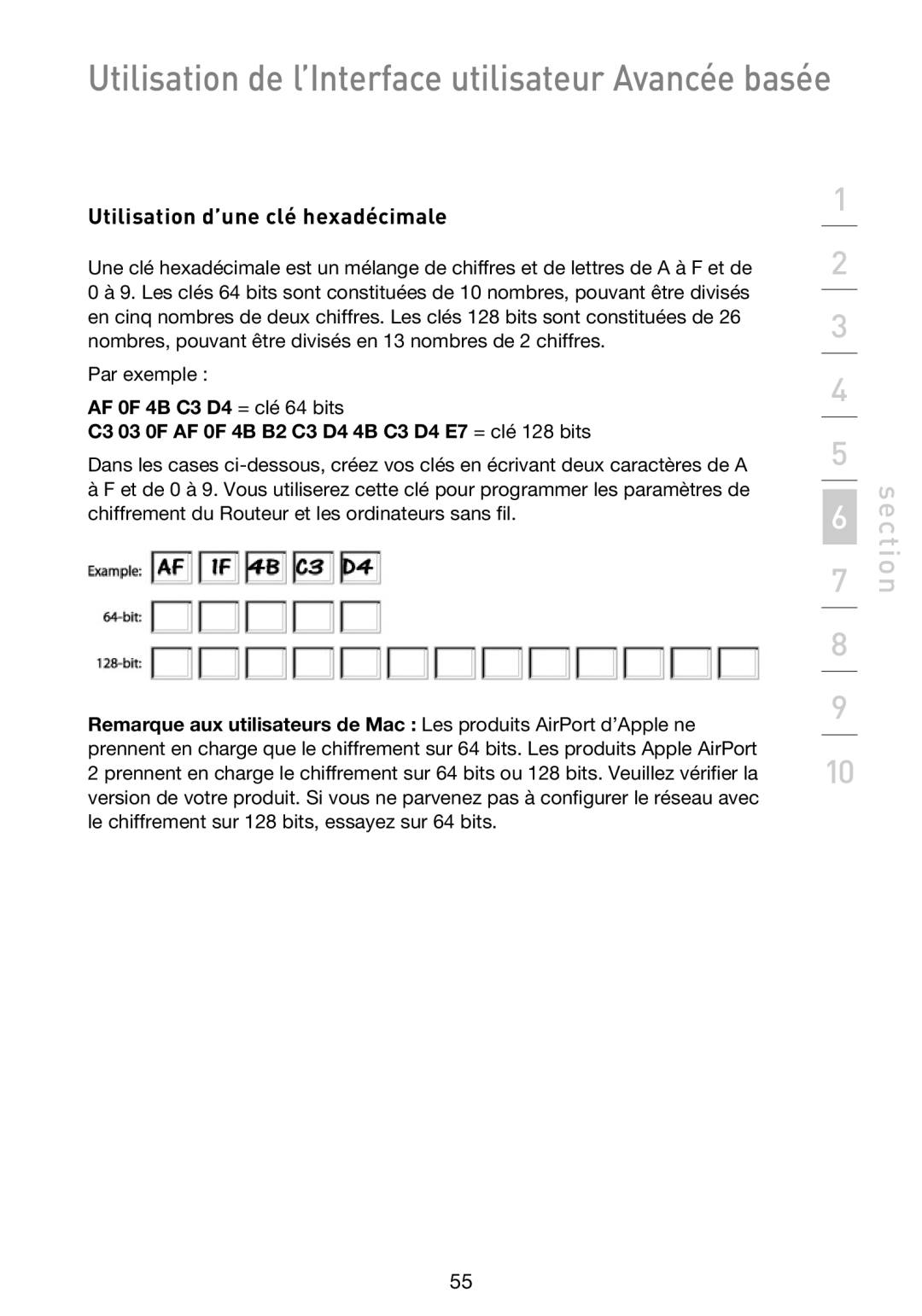 Belkin F5D9230UK4 user manual Utilisation d’une clé hexadécimale 