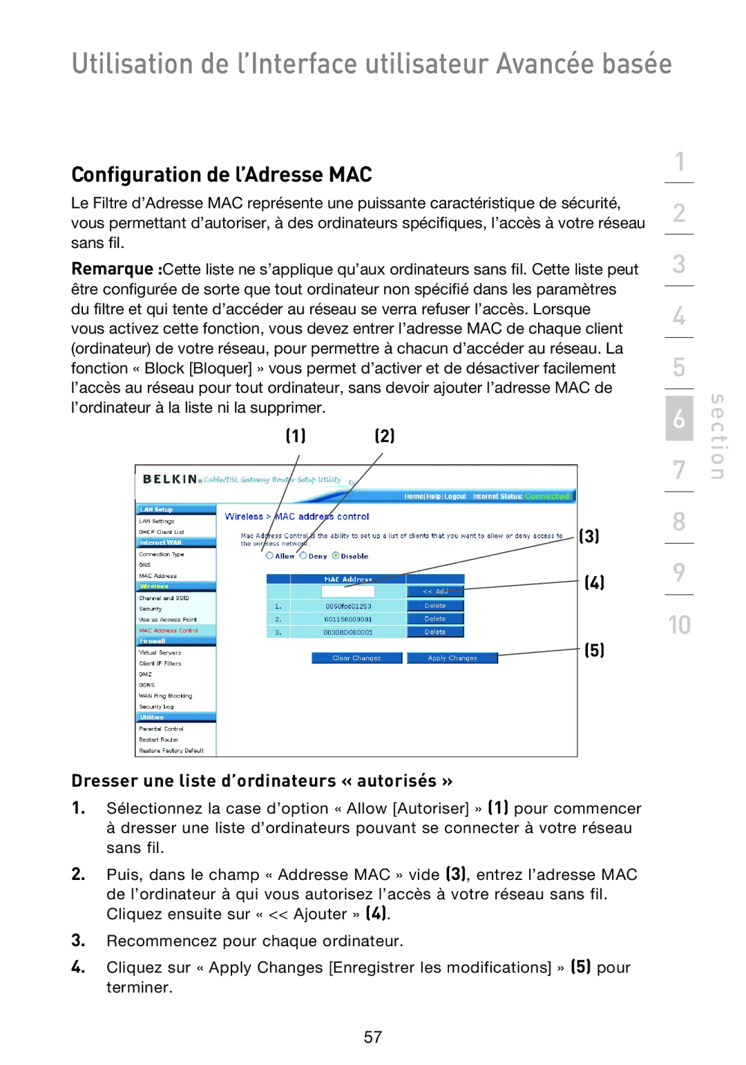 Belkin F5D9230UK4 user manual Configuration de l’Adresse MAC, Dresser une liste d’ordinateurs « autorisés » 