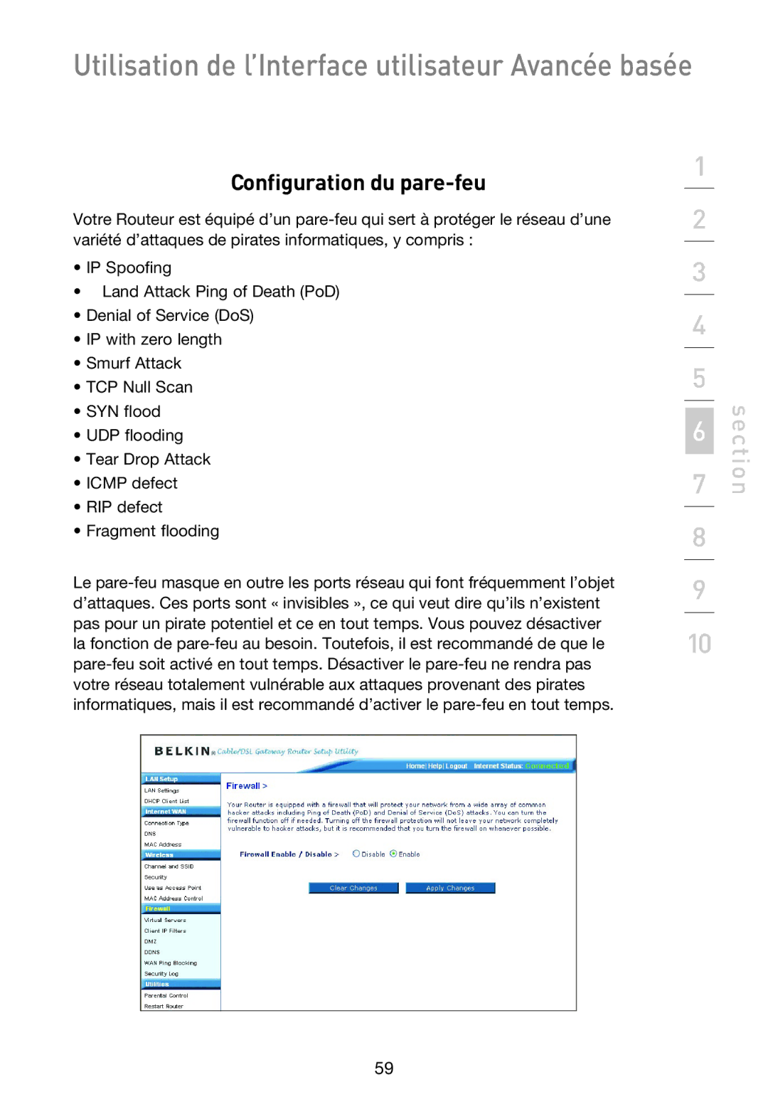 Belkin F5D9230UK4 user manual Configuration du pare-feu 