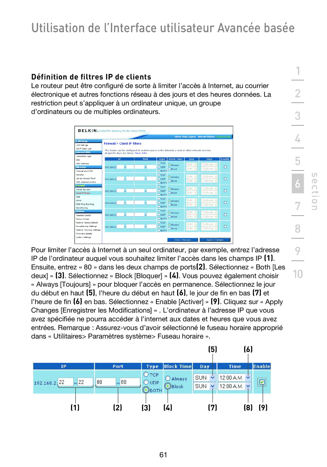 Belkin F5D9230UK4 user manual Définition de filtres IP de clients 