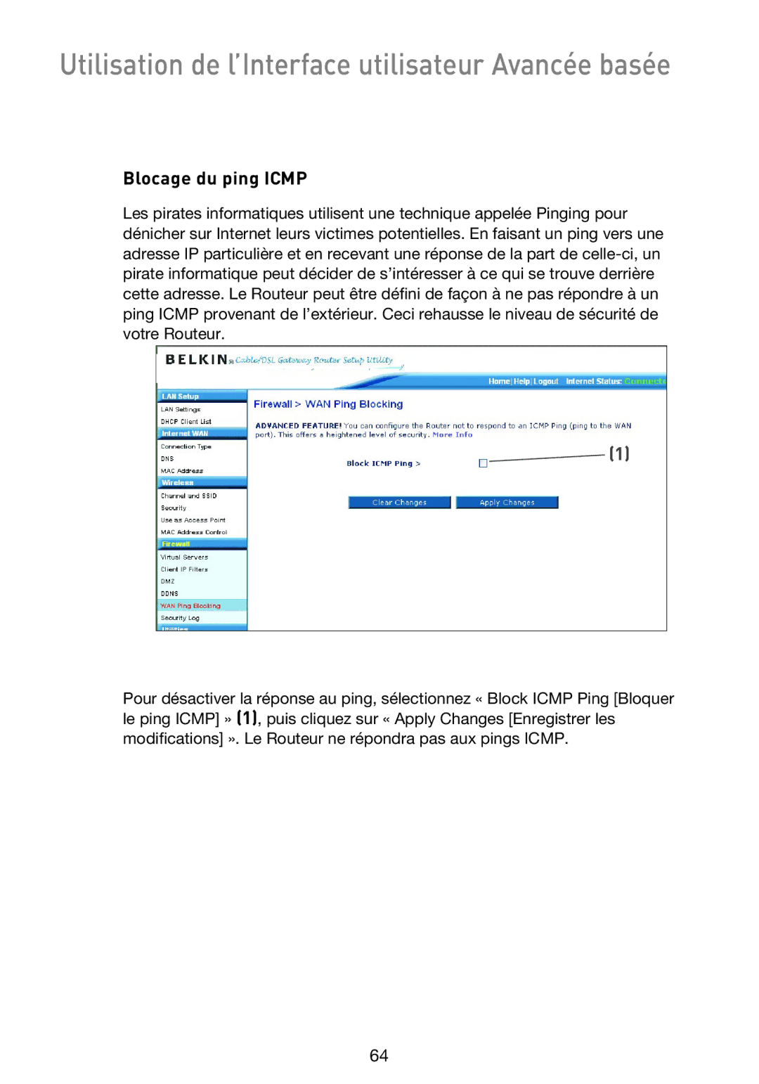 Belkin F5D9230UK4 user manual Blocage du ping Icmp 