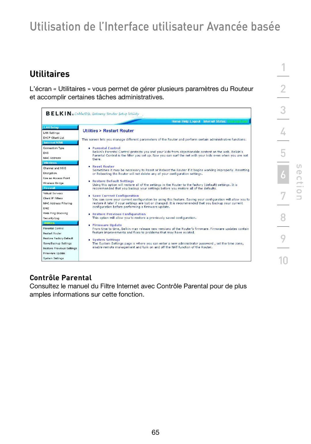 Belkin F5D9230UK4 user manual Utilitaires, Contrôle Parental 