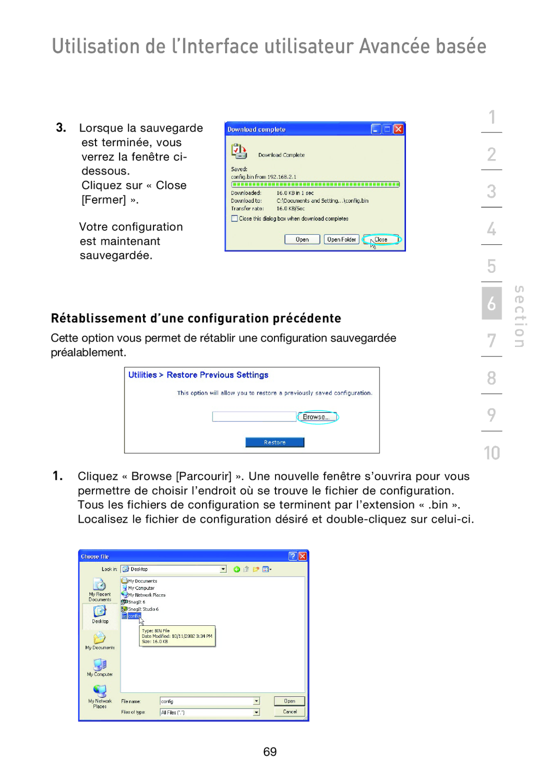 Belkin F5D9230UK4 user manual Rétablissement d’une configuration précédente 