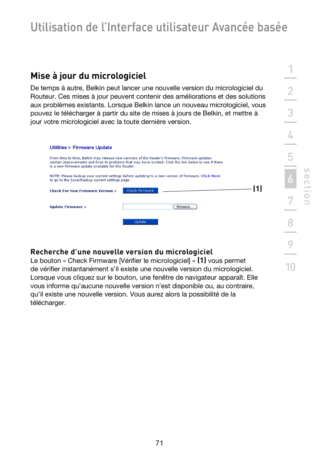 Belkin F5D9230UK4 user manual Mise à jour du micrologiciel, Recherche d’une nouvelle version du micrologiciel 