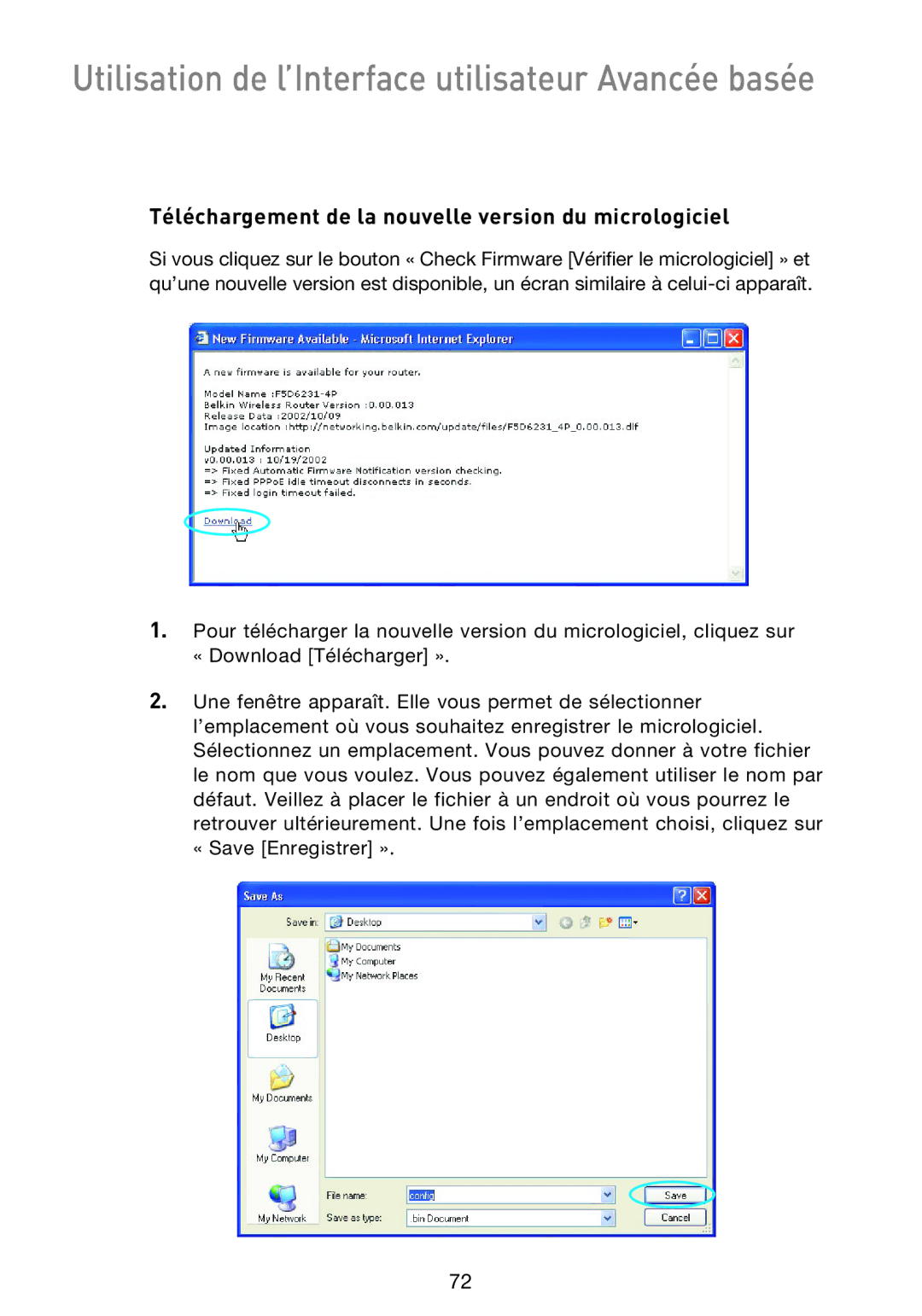 Belkin F5D9230UK4 user manual Téléchargement de la nouvelle version du micrologiciel 