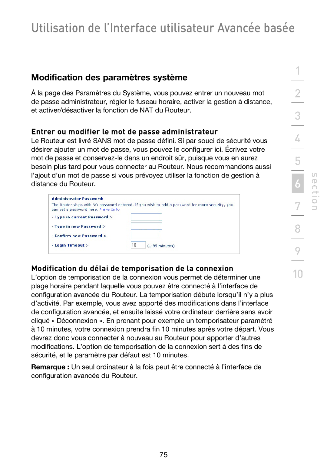 Belkin F5D9230UK4 user manual Entrer ou modifier le mot de passe administrateur 