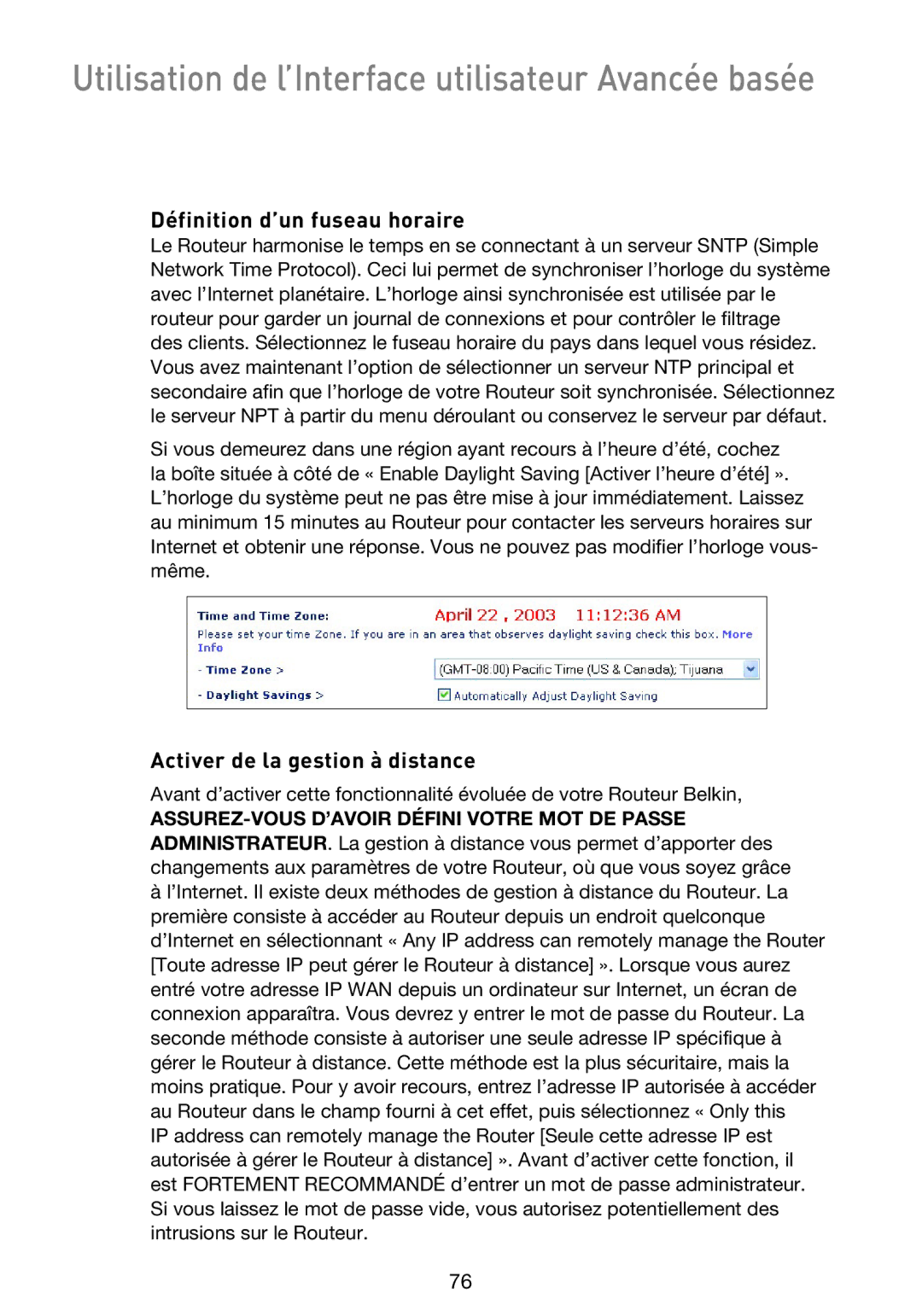Belkin F5D9230UK4 user manual Définition d’un fuseau horaire, Activer de la gestion à distance 