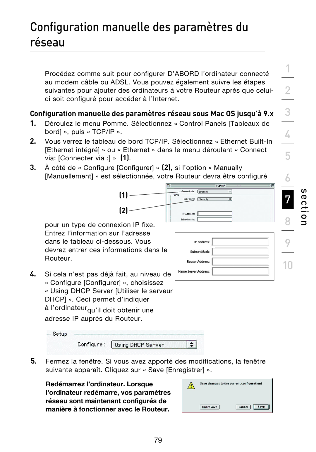 Belkin F5D9230UK4 user manual Configuration manuelle des paramètres du réseau 