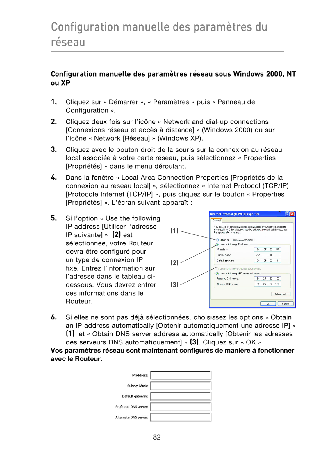 Belkin F5D9230UK4 user manual Configuration manuelle des paramètres du réseau 