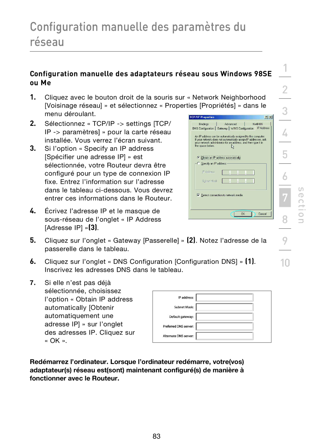 Belkin F5D9230UK4 user manual Configuration manuelle des paramètres du réseau 