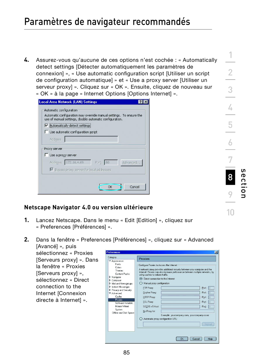 Belkin F5D9230UK4 user manual Netscape Navigator 4.0 ou version ultérieure 