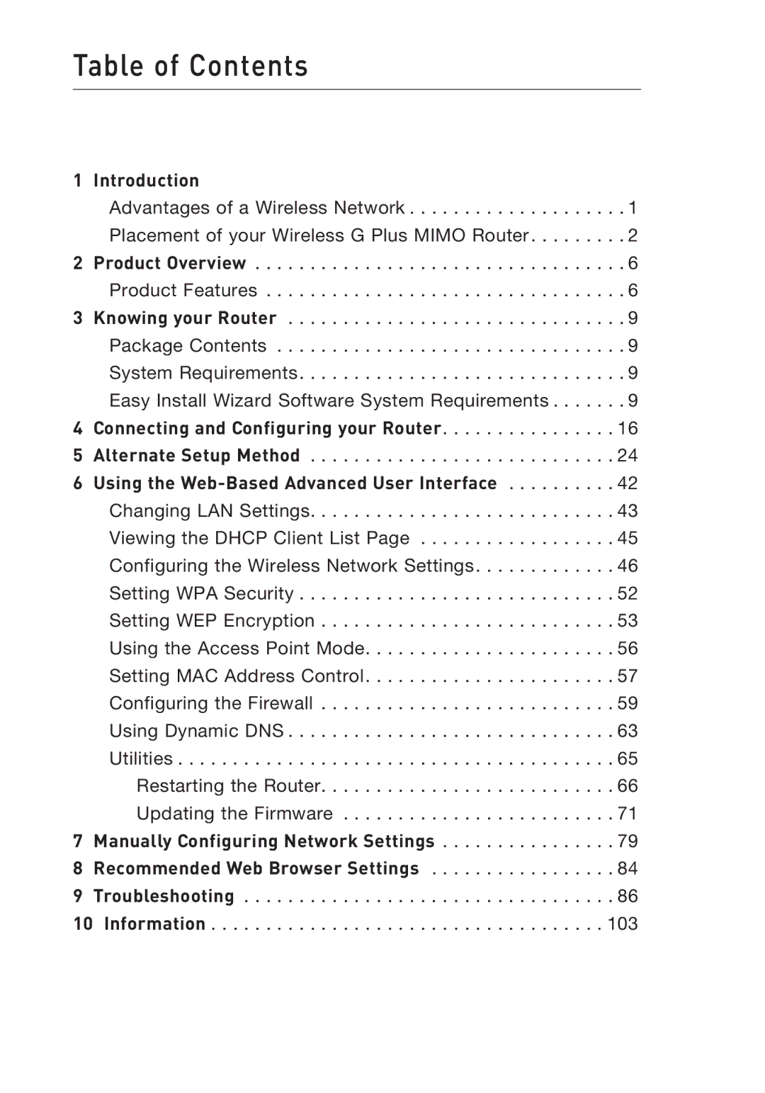 Belkin F5D9230UK4 user manual Table of Contents 