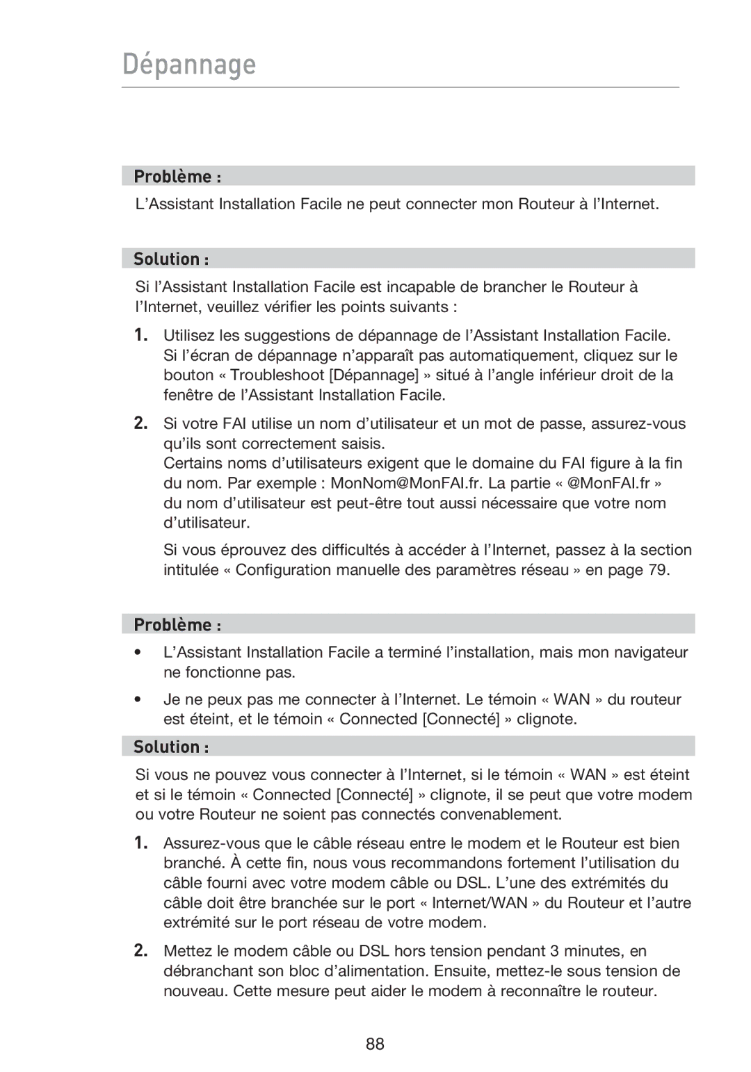 Belkin F5D9230UK4 user manual Dépannage 