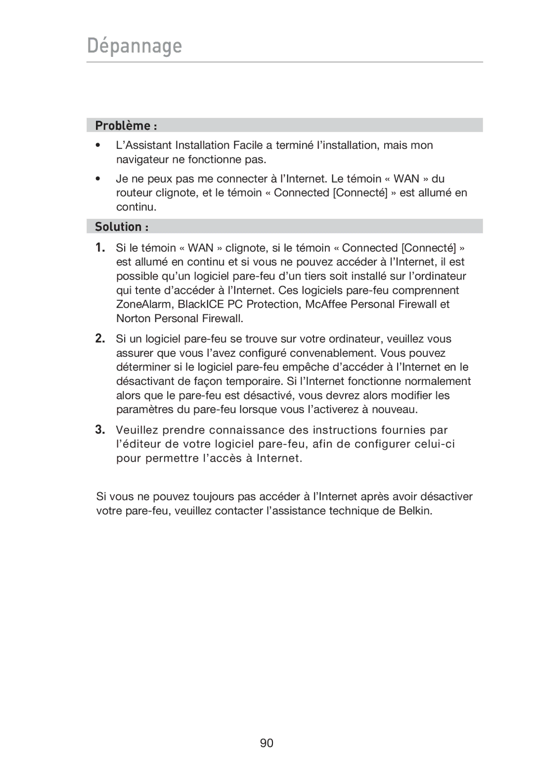 Belkin F5D9230UK4 user manual Dépannage 