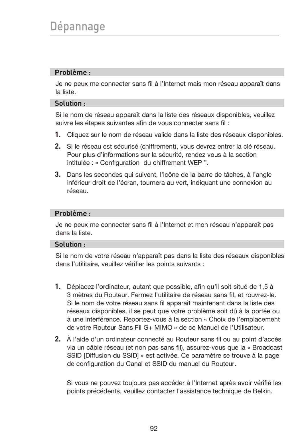 Belkin F5D9230UK4 user manual Dépannage 