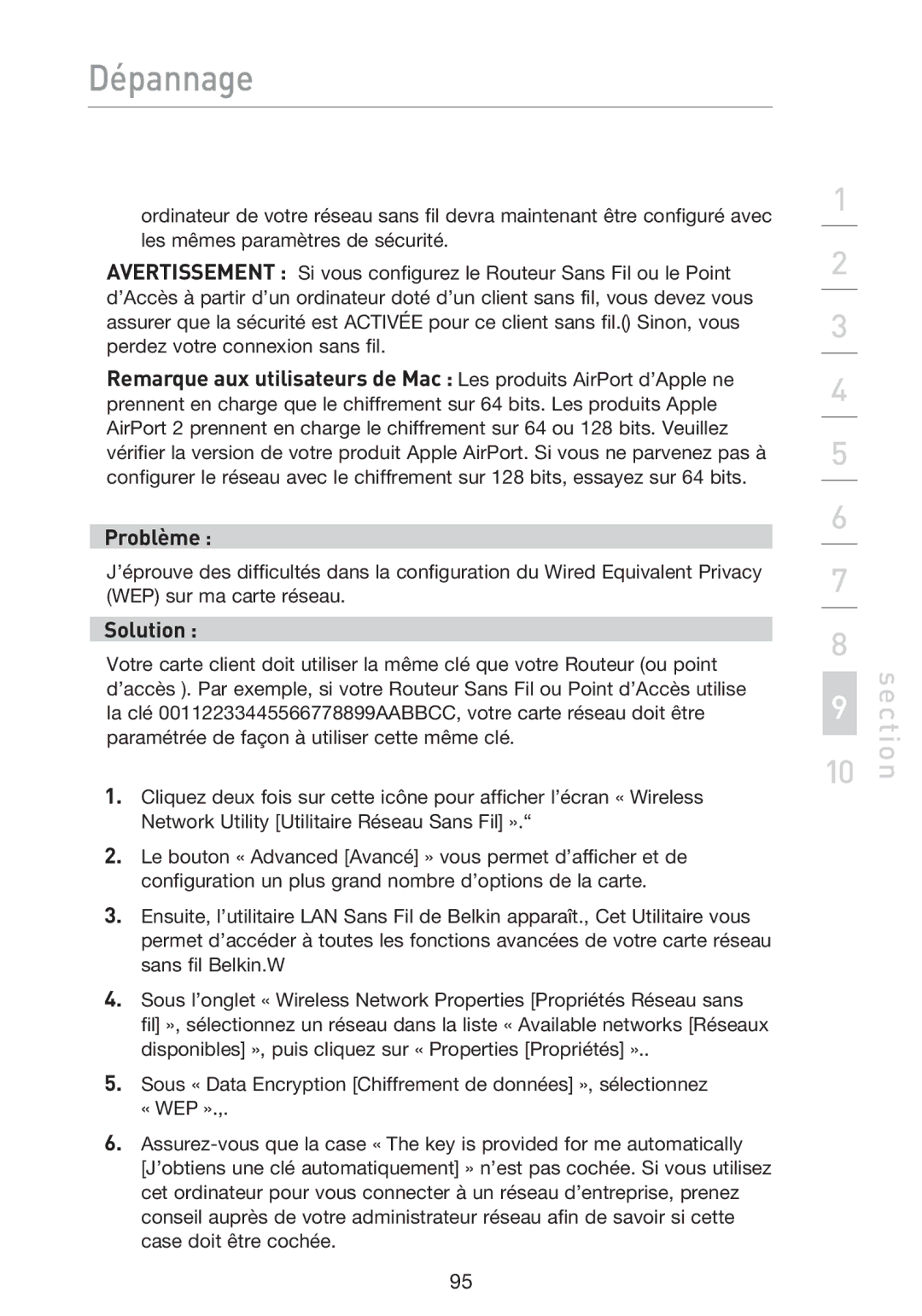 Belkin F5D9230UK4 user manual Dépannage 