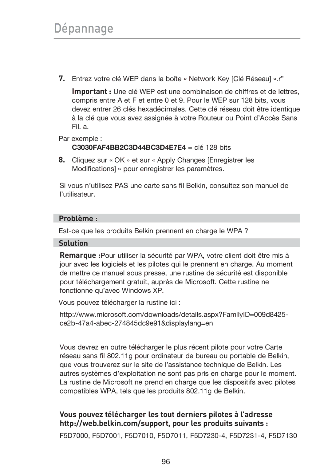 Belkin F5D9230UK4 user manual C3030FAF4BB2C3D44BC3D4E7E4 = clé 128 bits 