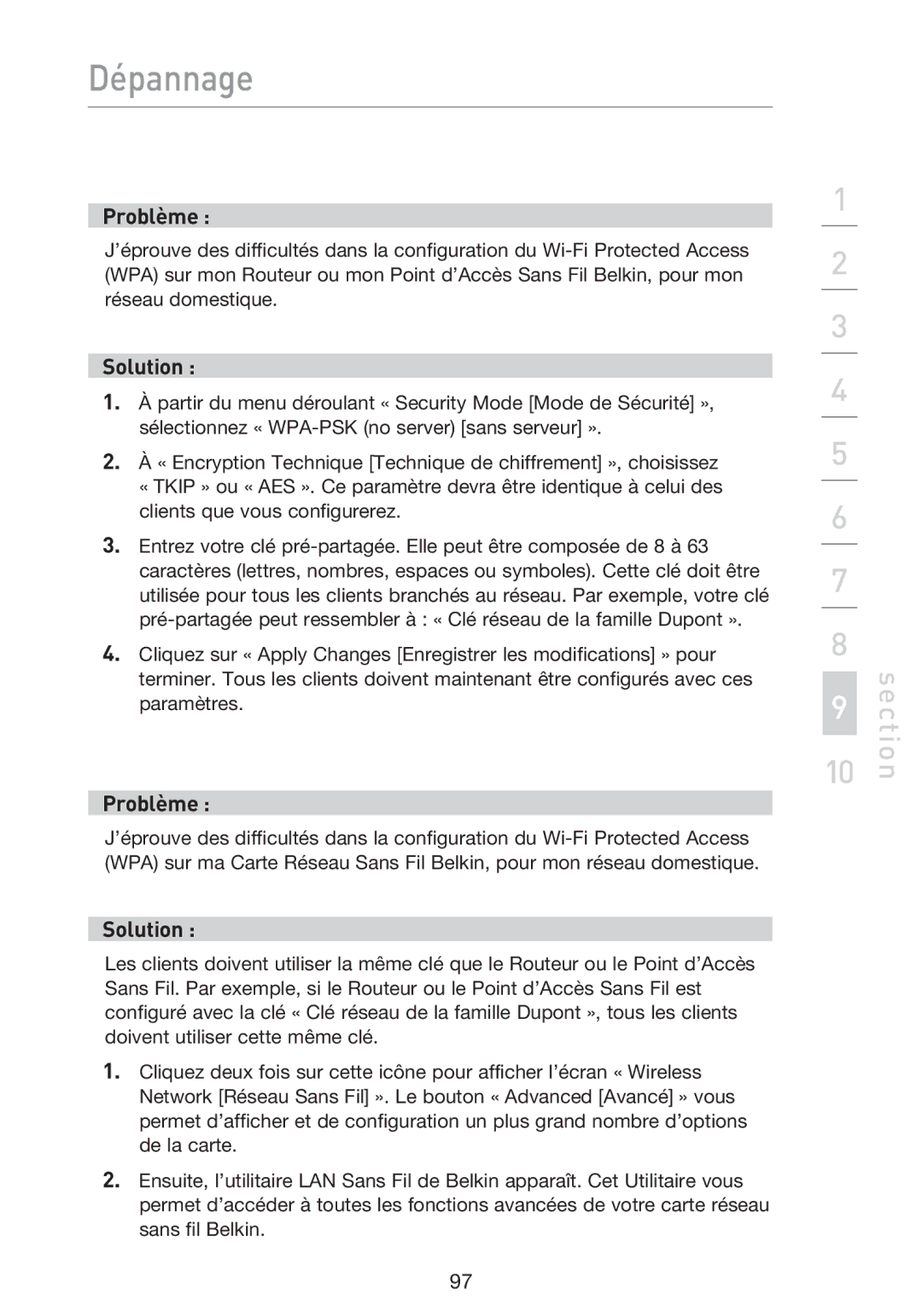 Belkin F5D9230UK4 user manual Dépannage 