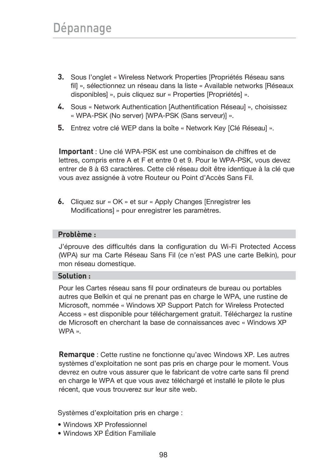 Belkin F5D9230UK4 user manual Dépannage 