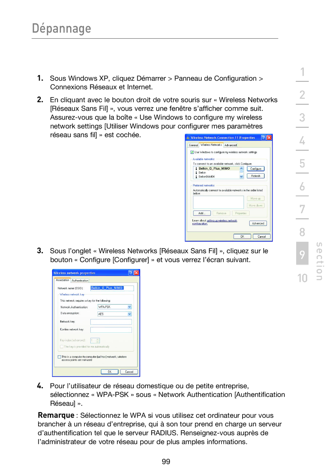 Belkin F5D9230UK4 user manual Dépannage 