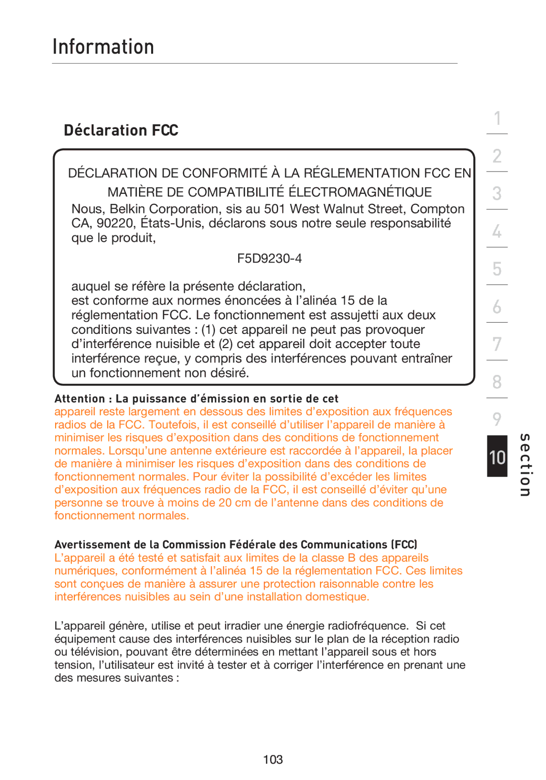 Belkin F5D9230UK4 user manual Information, Déclaration FCC 