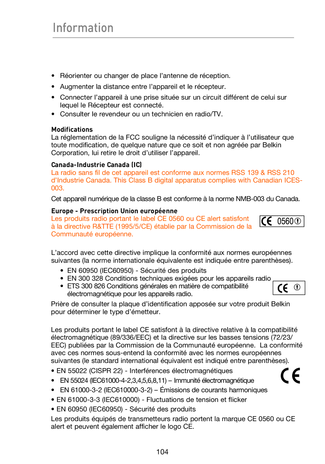 Belkin F5D9230UK4 user manual Canada-Industrie Canada IC, Europe Prescription Union européenne 