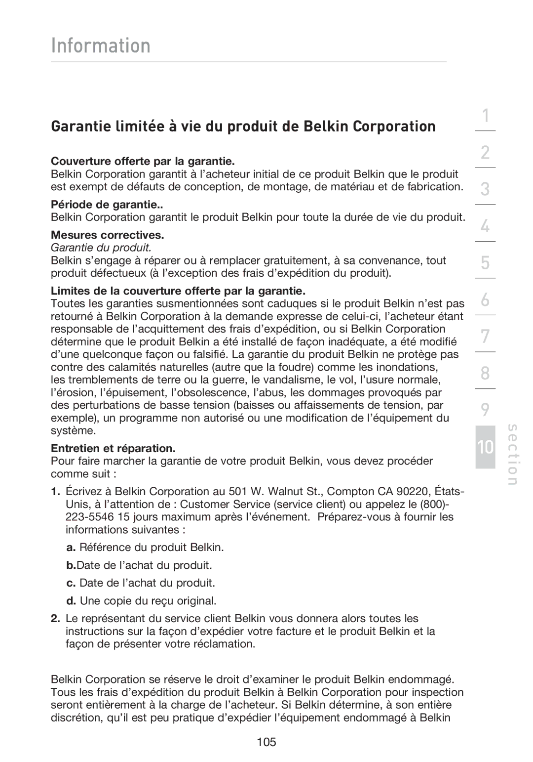 Belkin F5D9230UK4 user manual Garantie limitée à vie du produit de Belkin Corporation 