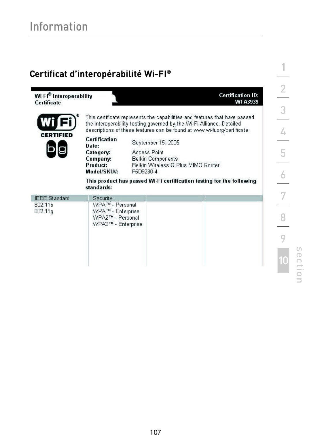 Belkin F5D9230UK4 user manual Certificat d’interopérabilité Wi-FI 