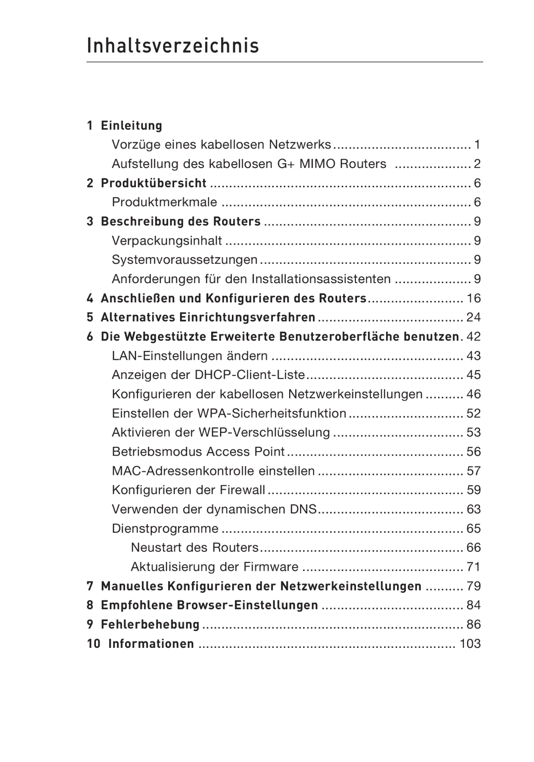 Belkin F5D9230UK4 user manual Inhaltsverzeichnis, Einleitung, Anschließen und Konfigurieren des Routers 