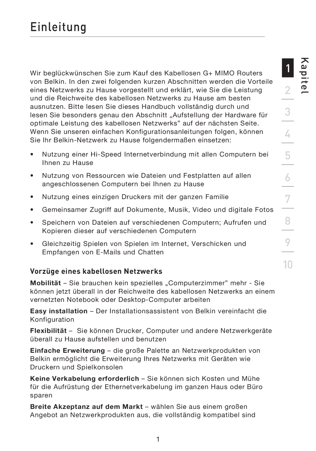 Belkin F5D9230UK4 user manual Einleitung, Vorzüge eines kabellosen Netzwerks 