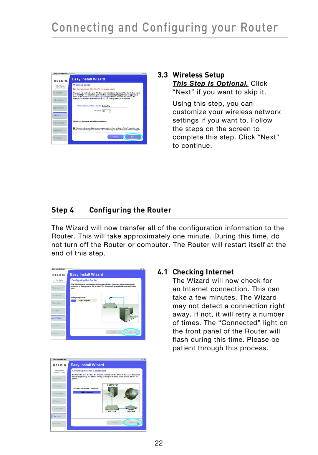 Belkin F5D9230UK4 user manual Wireless Setup, Step Configuring the Router, Checking Internet 