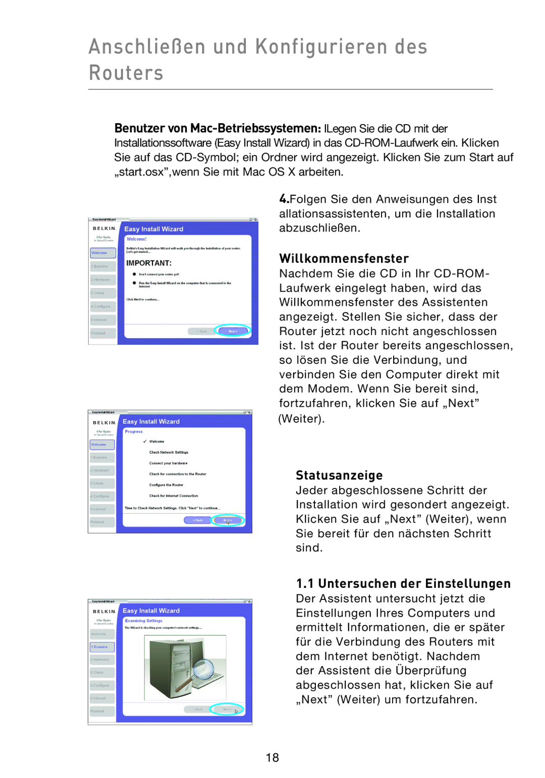 Belkin F5D9230UK4 user manual Anschließen und Konfigurieren des Routers, Willkommensfenster, Statusanzeige 