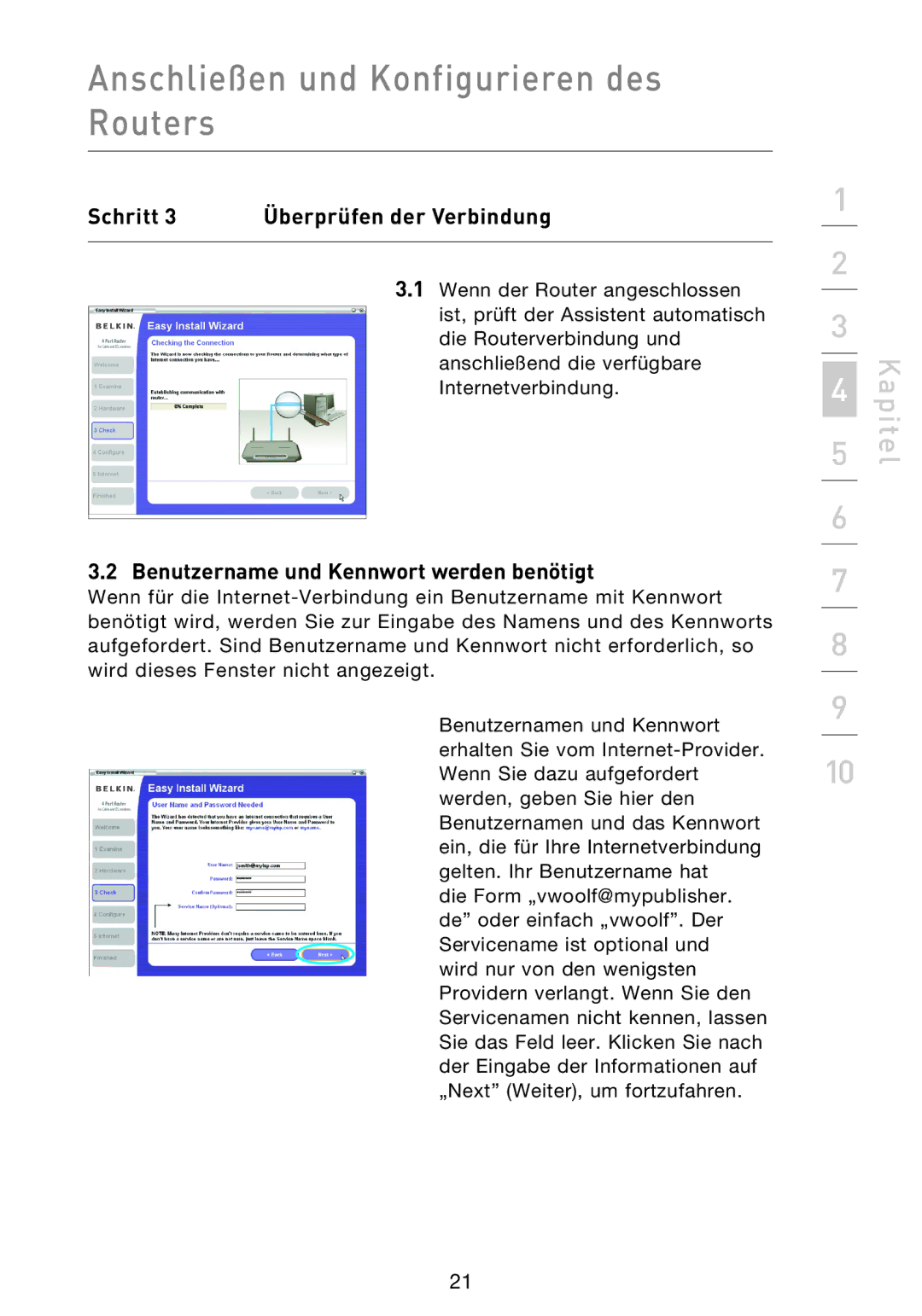 Belkin F5D9230UK4 user manual Schritt Überprüfen der Verbindung, Benutzername und Kennwort werden benötigt 