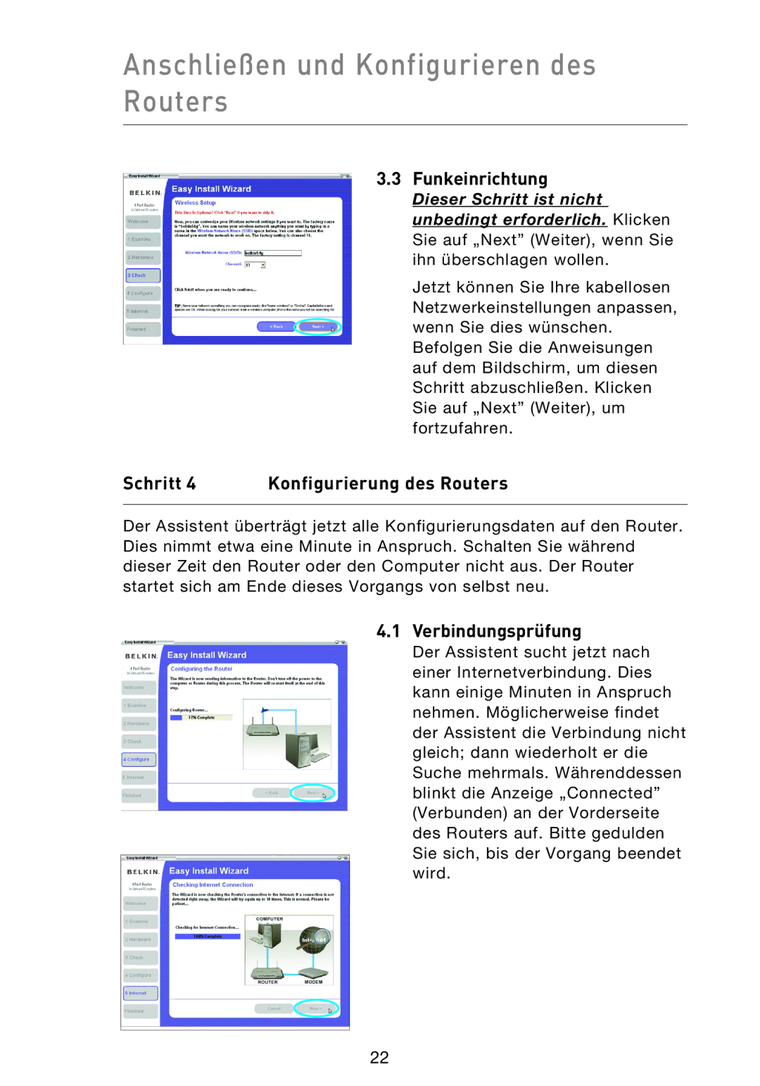 Belkin F5D9230UK4 user manual Funkeinrichtung, Schritt Konfigurierung des Routers, Verbindungsprüfung 