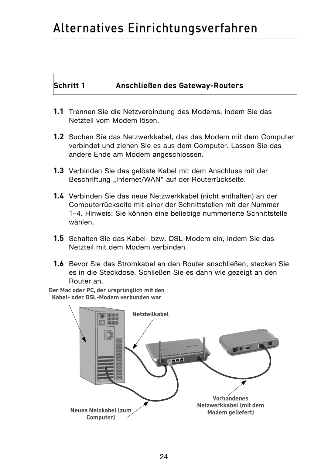 Belkin F5D9230UK4 user manual Alternatives Einrichtungsverfahren, Schritt Anschließen des Gateway-Routers 