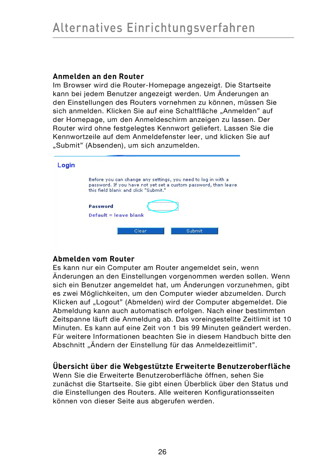 Belkin F5D9230UK4 user manual Alternatives Einrichtungsverfahren, Anmelden an den Router, Abmelden vom Router 