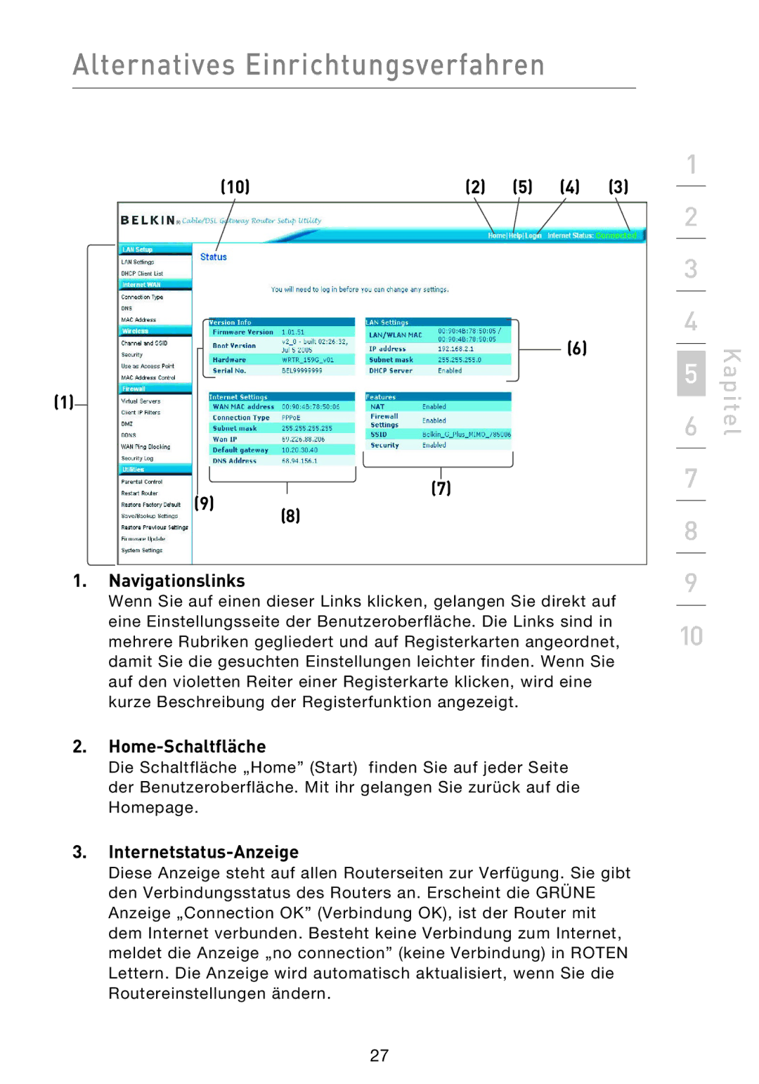 Belkin F5D9230UK4 user manual Navigationslinks, Home-Schaltfläche, Internetstatus-Anzeige 