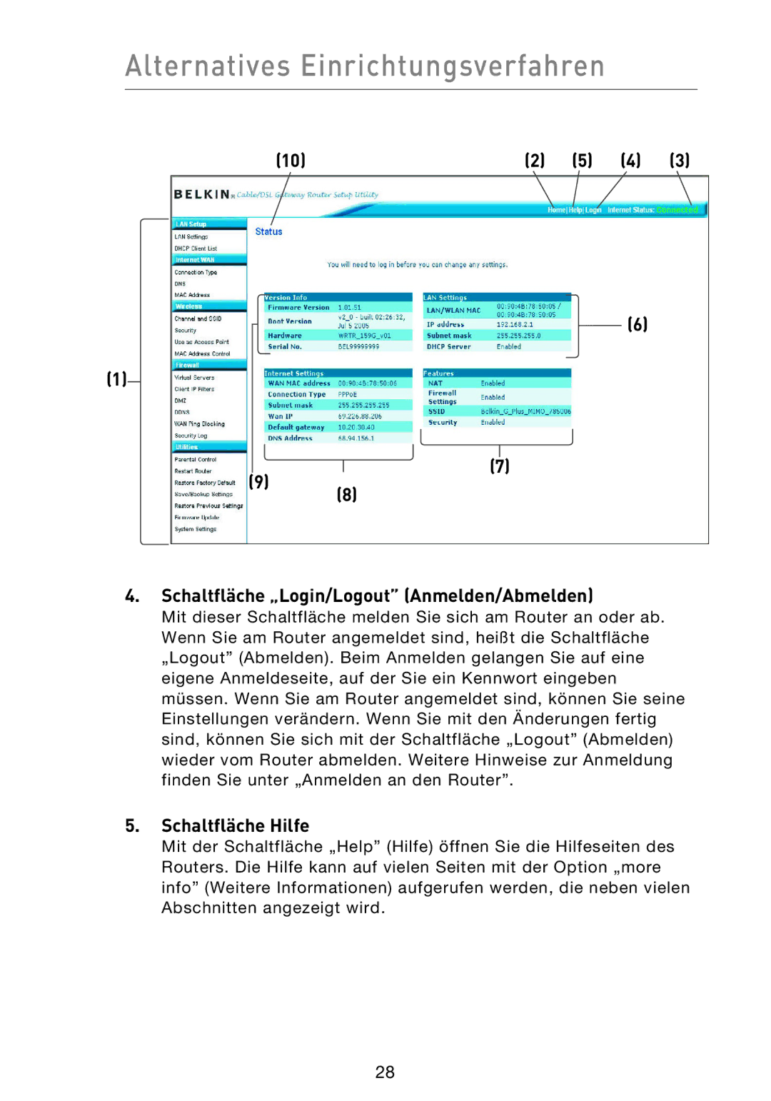 Belkin F5D9230UK4 user manual Schaltfläche „Login/Logout Anmelden/Abmelden, Schaltfläche Hilfe 