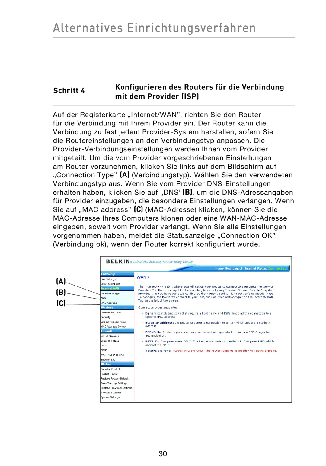 Belkin F5D9230UK4 user manual Alternatives Einrichtungsverfahren 