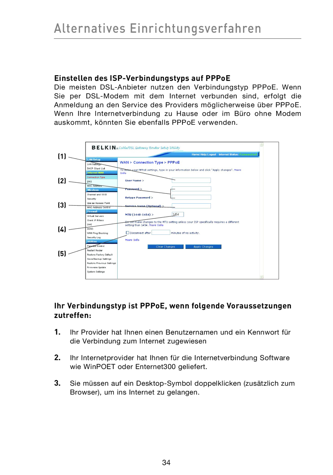 Belkin F5D9230UK4 user manual Einstellen des ISP-Verbindungstyps auf PPPoE 