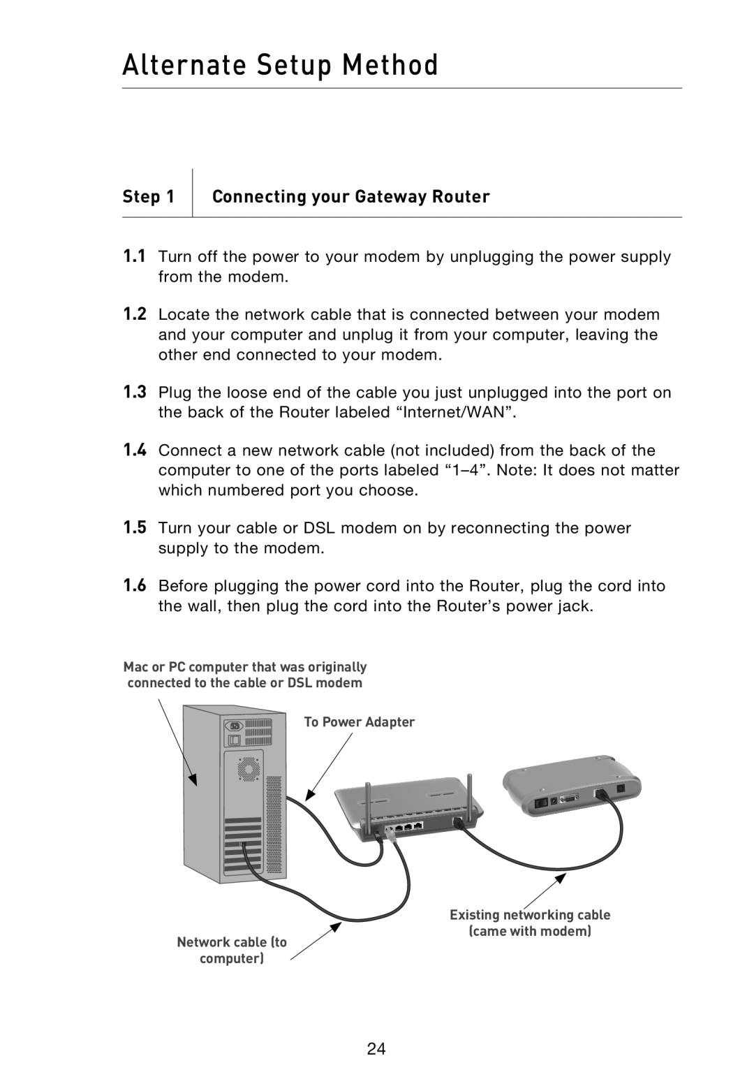 Belkin F5D9230UK4 user manual Alternate Setup Method, Step Connecting your Gateway Router 