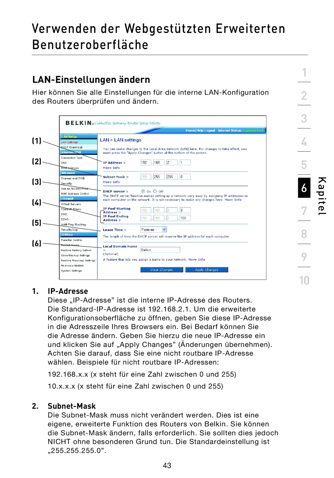 Belkin F5D9230UK4 user manual LAN-Einstellungen ändern 