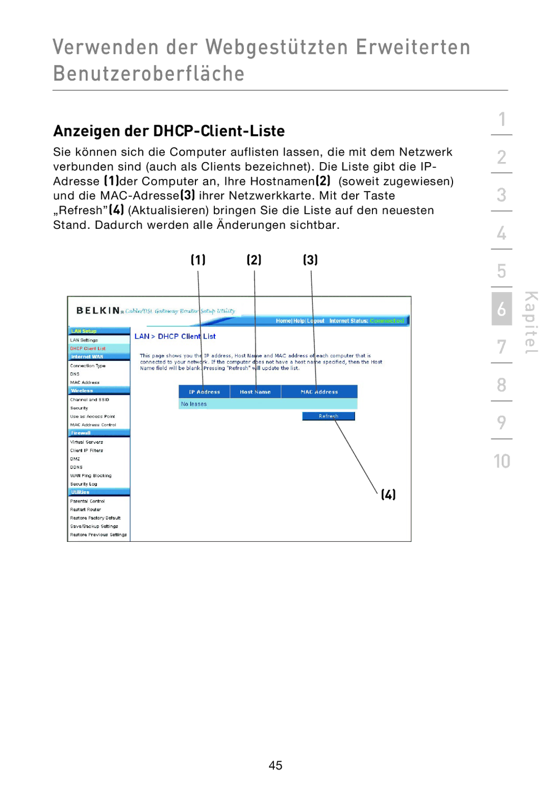 Belkin F5D9230UK4 user manual Anzeigen der DHCP-Client-Liste 