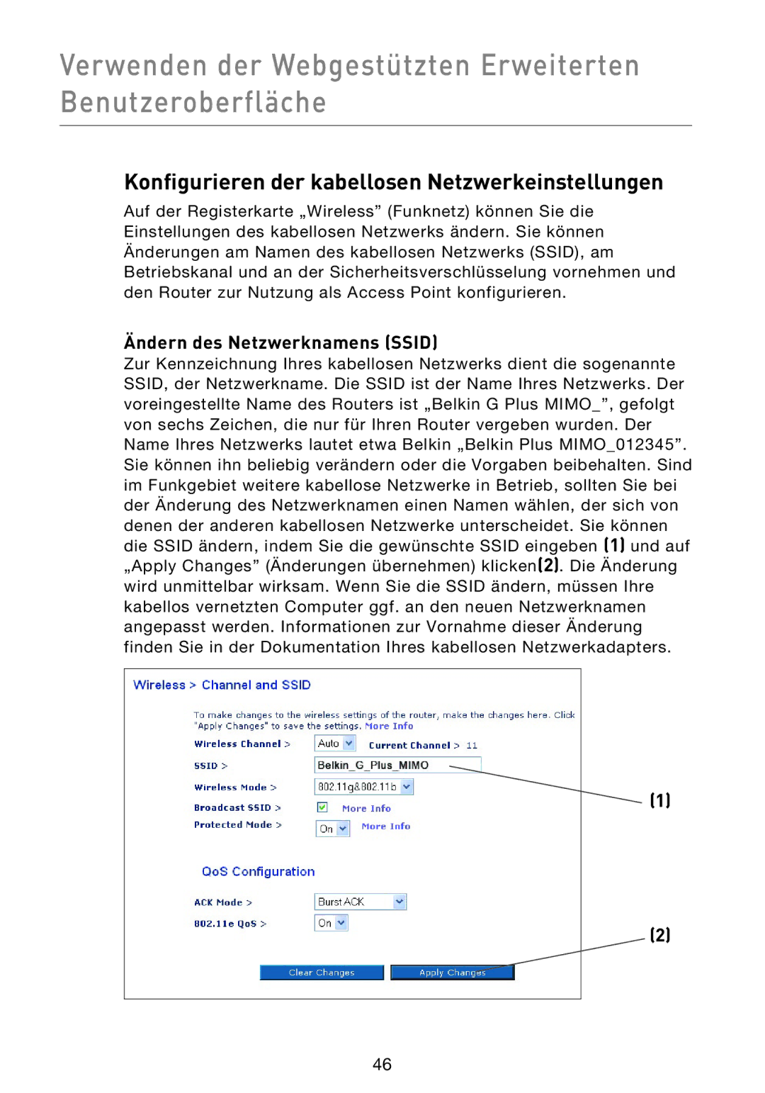 Belkin F5D9230UK4 user manual Konfigurieren der kabellosen Netzwerkeinstellungen, Ändern des Netzwerknamens Ssid 