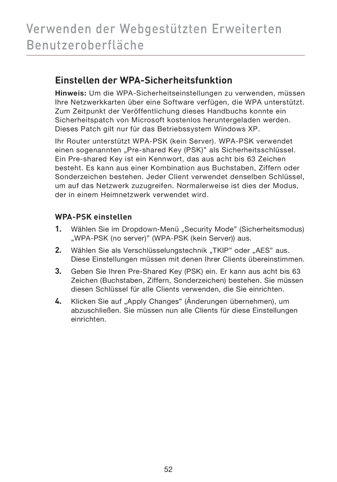 Belkin F5D9230UK4 user manual Einstellen der WPA-Sicherheitsfunktion, WPA-PSK einstellen 