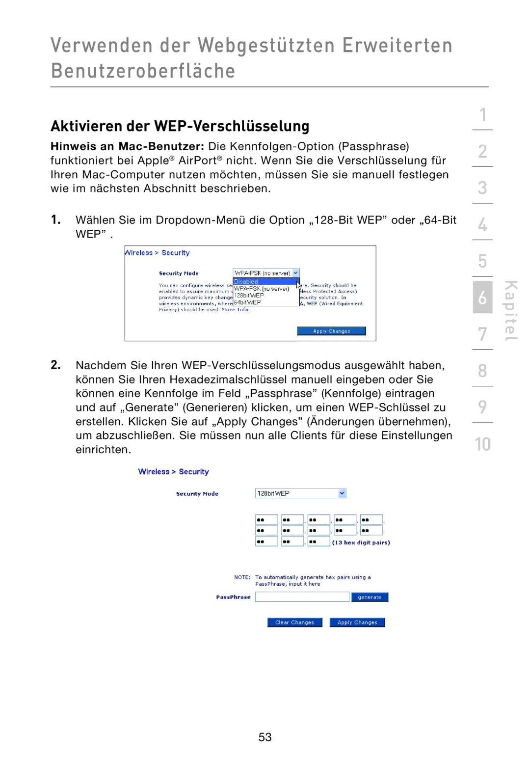 Belkin F5D9230UK4 user manual Aktivieren der WEP-Verschlüsselung 