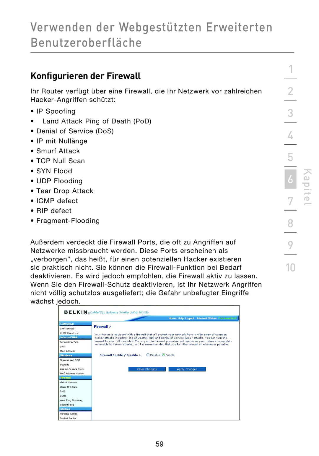 Belkin F5D9230UK4 user manual Konfigurieren der Firewall 